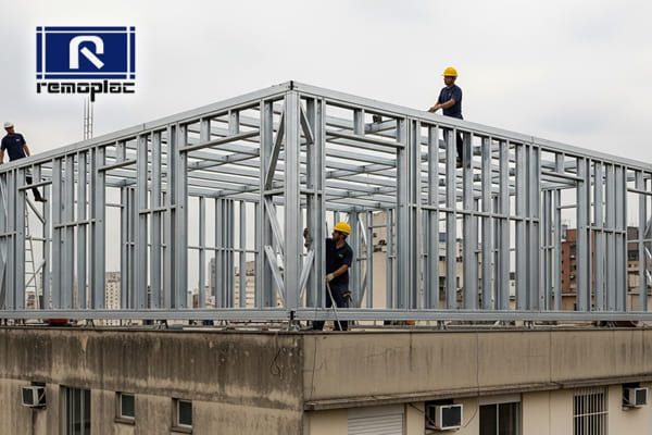 Serviço de ampliação de residência utilizando Steel Frame sobre estrutura existente, demonstrando a leveza e a agilidade da obra a seco da Remoplac.