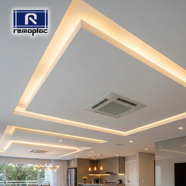 Teto de gesso acartonado com design moderno e iluminação indireta, demonstrando o acabamento liso e sem trincas oferecido pela Remoplac em São Paulo.