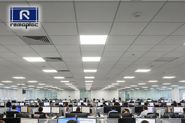 Instalação de forro mineral acústico em amplo escritório corporativo em São Paulo, focado em redução de ruídos e conforto térmico para a equipe.