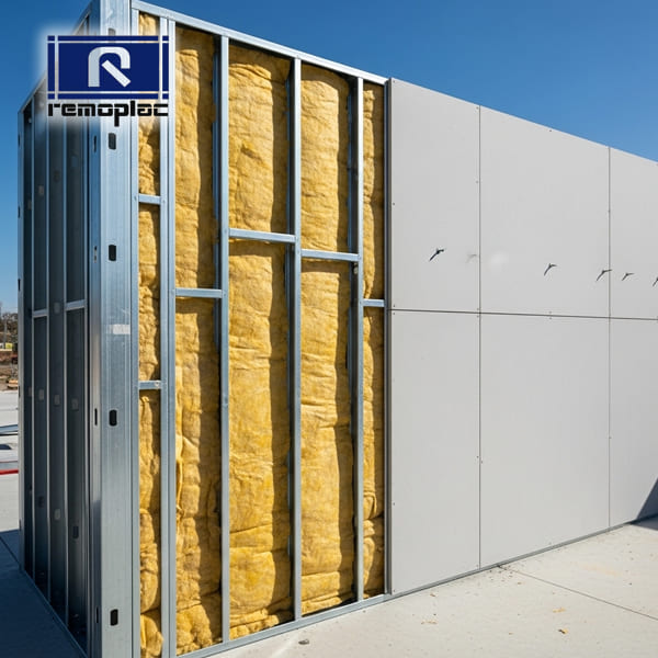 Canteiro de obras em Steel Frame demonstrando a estrutura de aço galvanizado, o isolamento térmico com lã de vidro e a limpeza do processo construtivo da Remoplac.